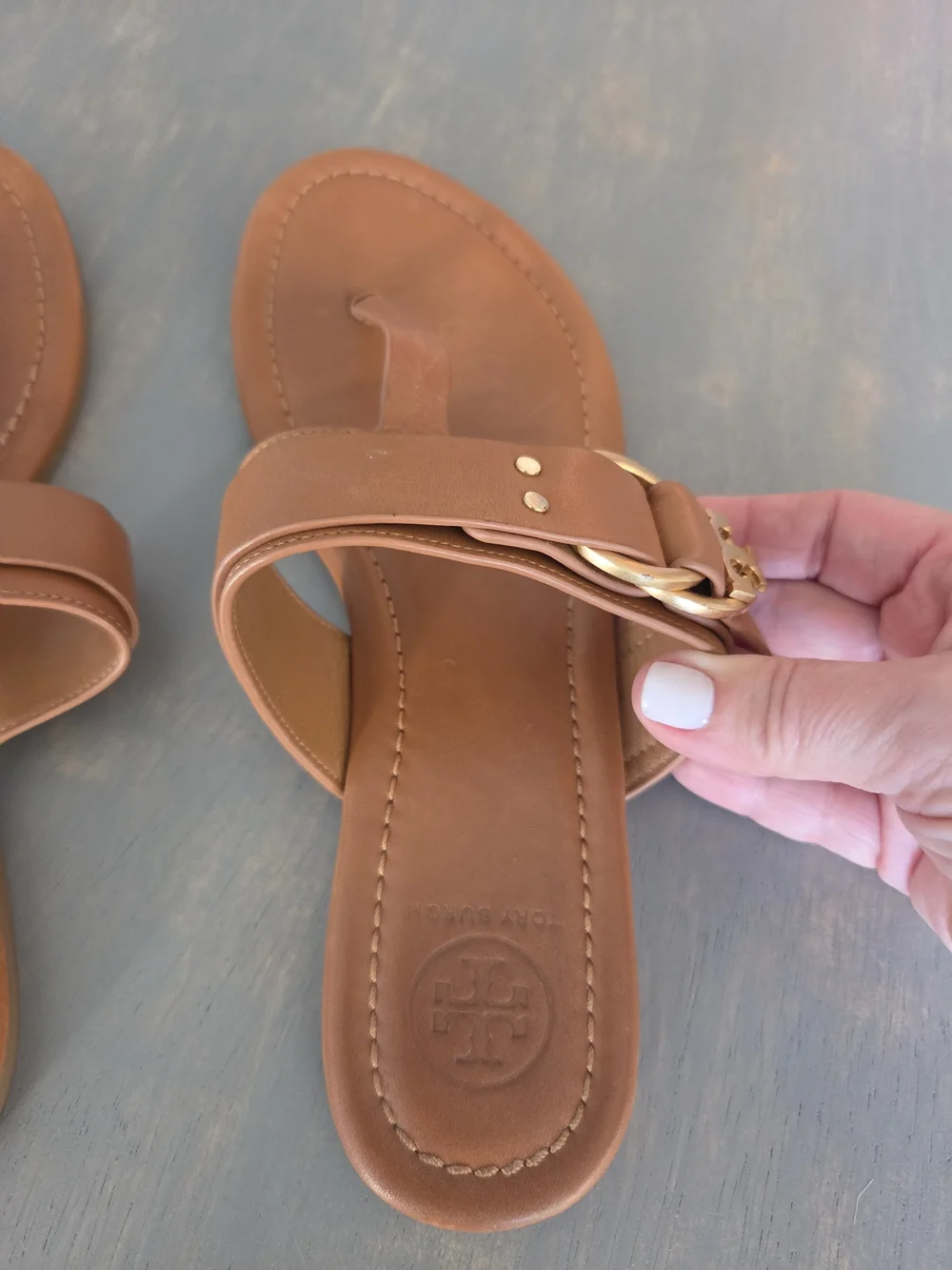 Tory Burch Brown Leather Thong Sandals with Gold Buckle
